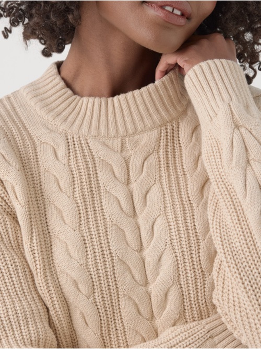 Pact Cable-Knit Crewneck Sweater in Sandshell